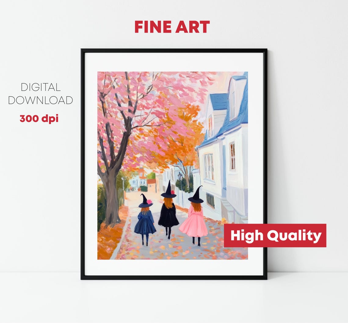 Three Little Witches Autumn Street Pink Fall Trees Halloween Print - Image 2