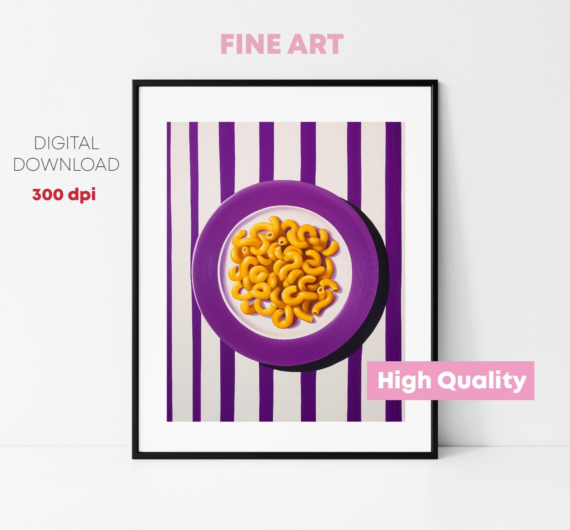 Macaroni Pasta On Purple Plate Bold Striped Kitchen Wall Art Poster - Image 2