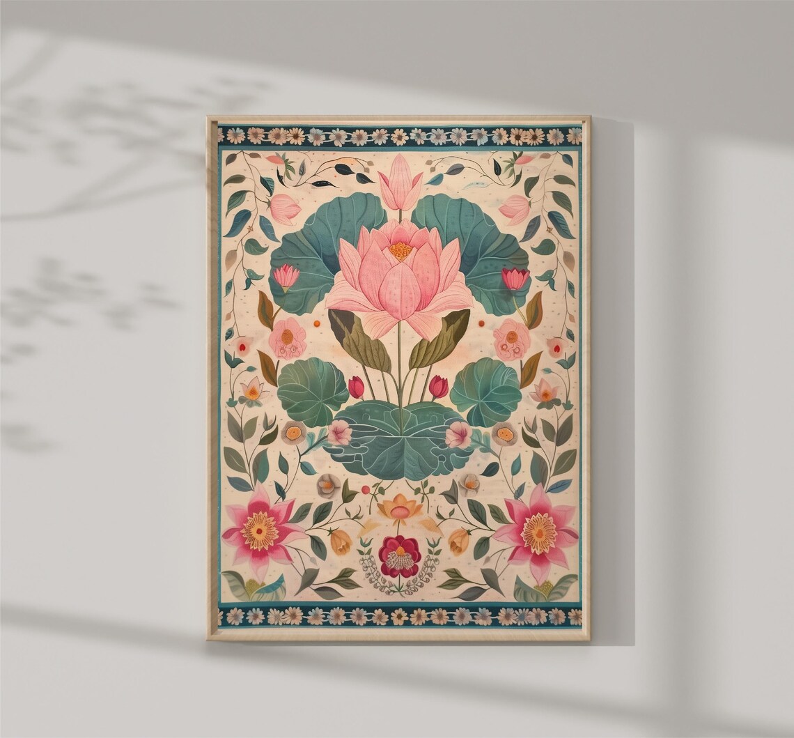 Indian Lotus Floral Pattern Pink Cream Traditional Pichwai Print