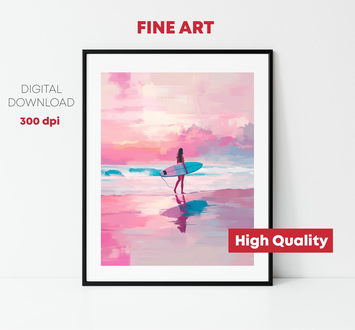 Woman Surfer Pink Beach Sunset Ocean Board Coastal Girl Art Poster - Image 2