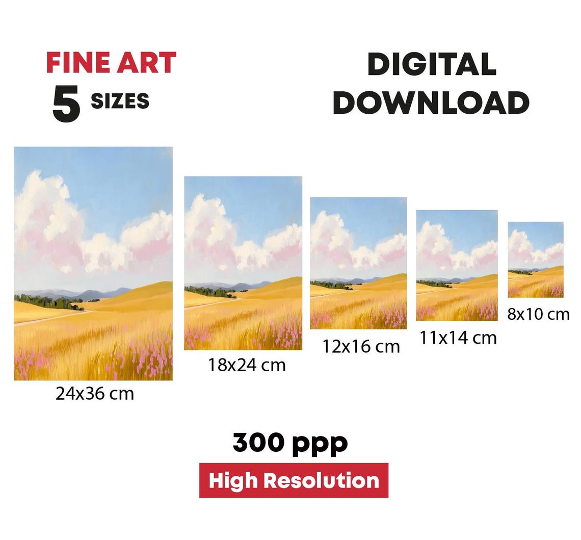 Golden Wheat Field Pink Wildflowers Clouds Countryside Landscape Print - Image 4