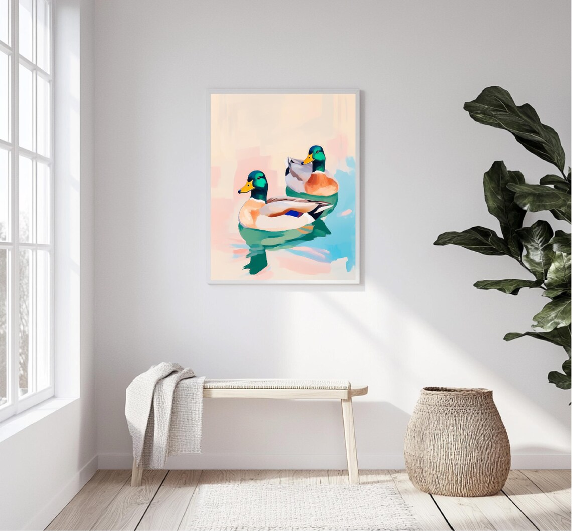 Two Mallard Ducks Swimming Pastel Pond Modern Animal Painting Print - Image 5