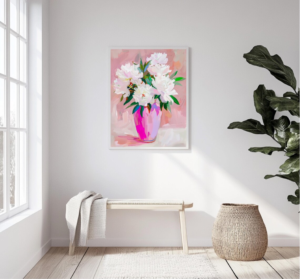 White Peony Bouquet Pink Vase Abstract Floral Still Life Art Print - Image 2