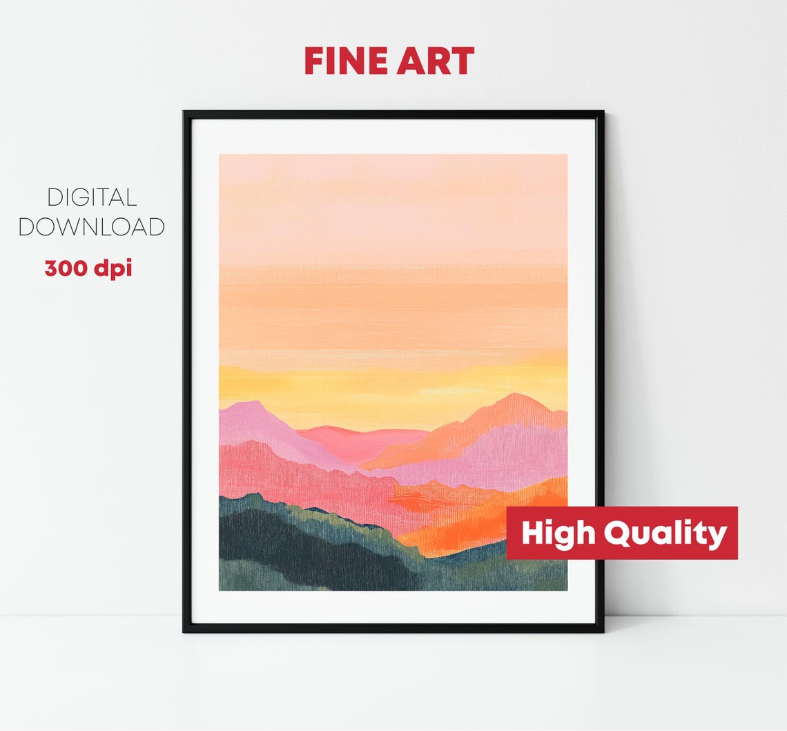 Layered Mountain Sunset Pink Orange Peaks Abstract Landscape Art Print - Image 2