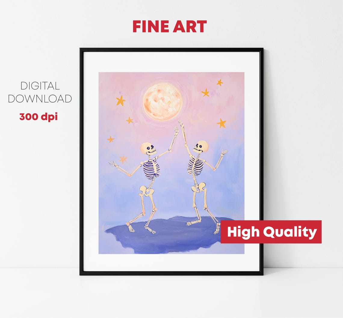 Dancing Skeletons Under Full Moon Pink Pastel Halloween Print - Image 2