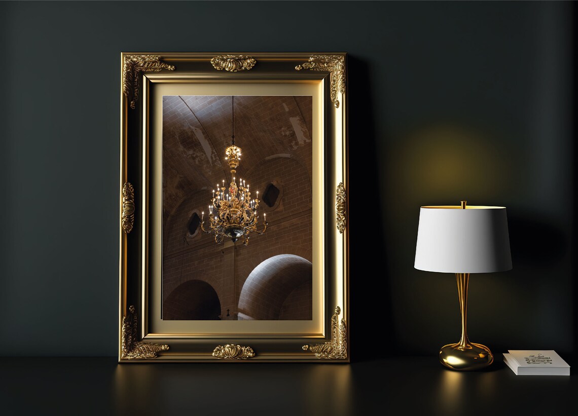 Golden Crown Chandelier In Stone Church Interior Photography Wall Art - Image 3