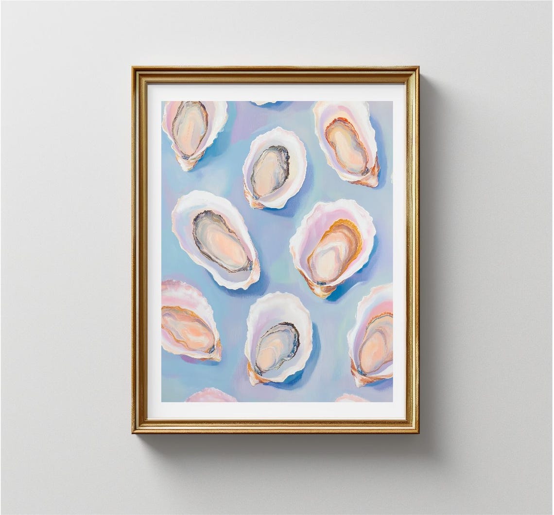 Oyster Shell Pattern On Blue Background Coastal Kitchen Art Print - Image 3
