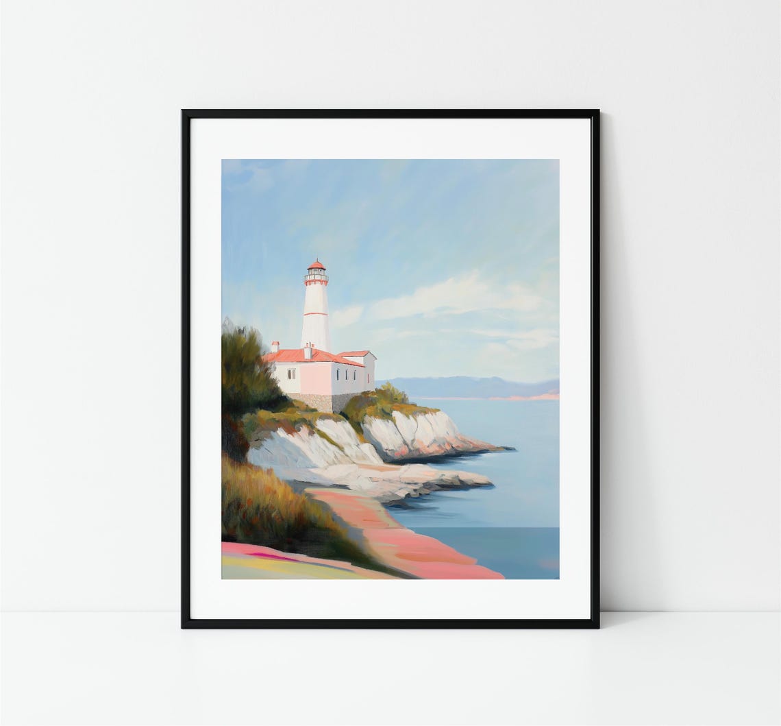 White Lighthouse On Rocky Cliffs Blue Sea Coastal Beacon Print - Image 3