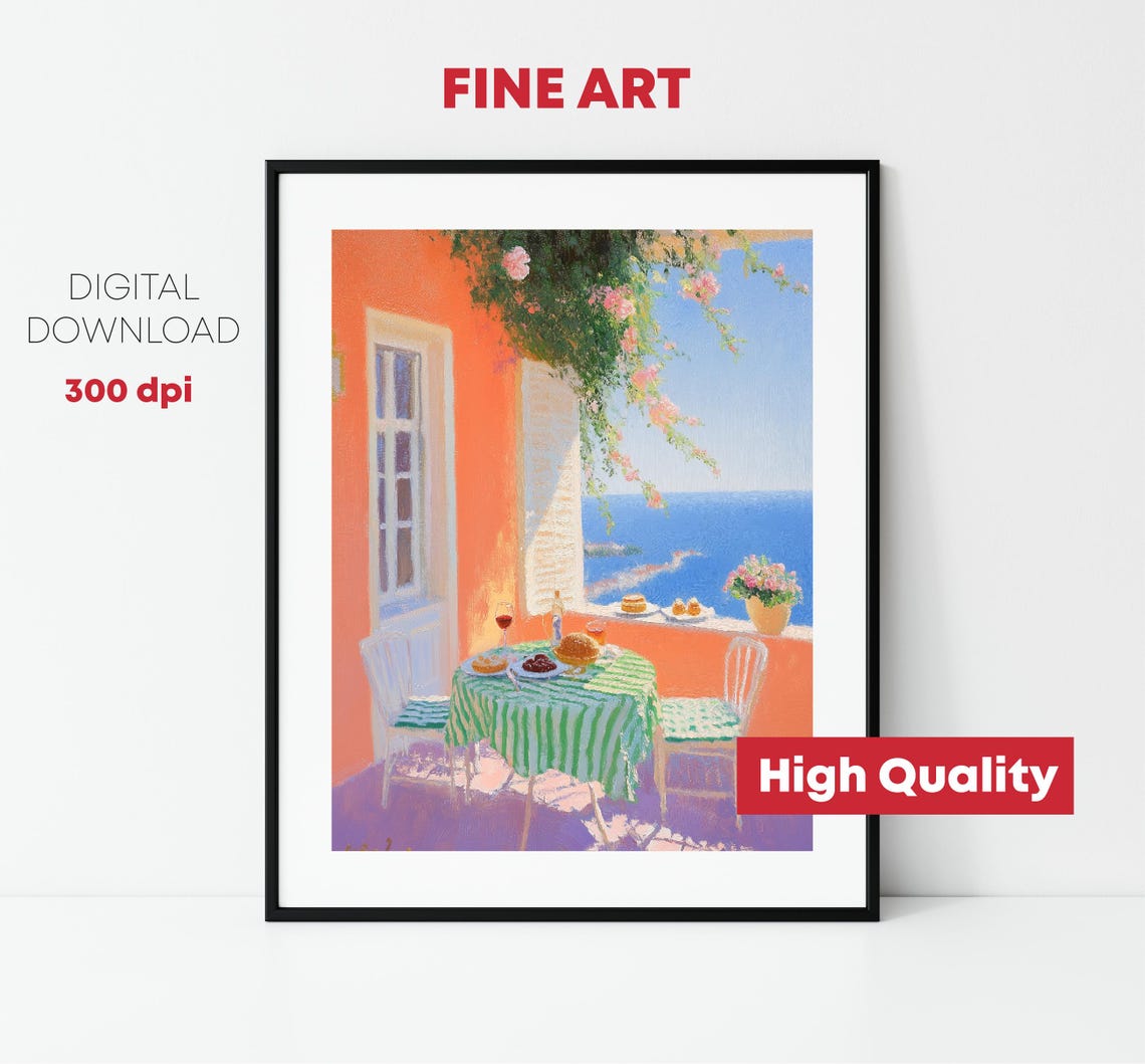 Mediterranean Seaside Terrace Cafe Orange Wall Ocean View Poster - Image 2