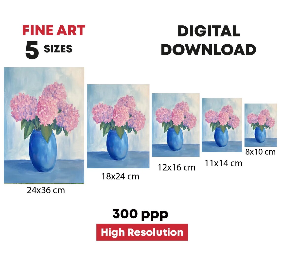 Pink Hydrangeas In Blue Vase Cheerful Floral Still Life Poster - Image 4