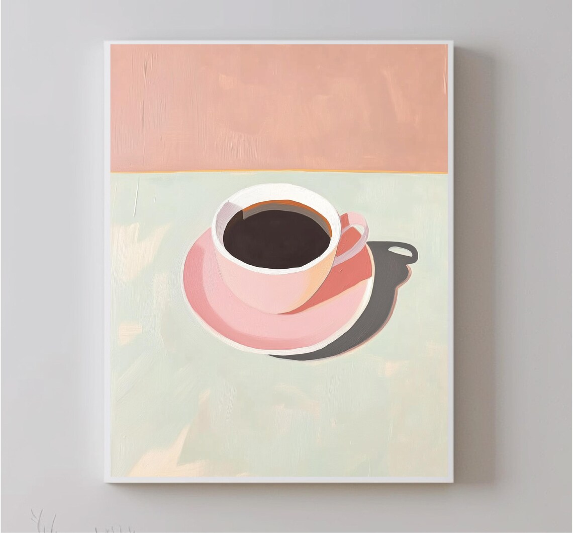 Pink Cup Of Black Coffee On Saucer Pastel Kitchen Drink Art Poster