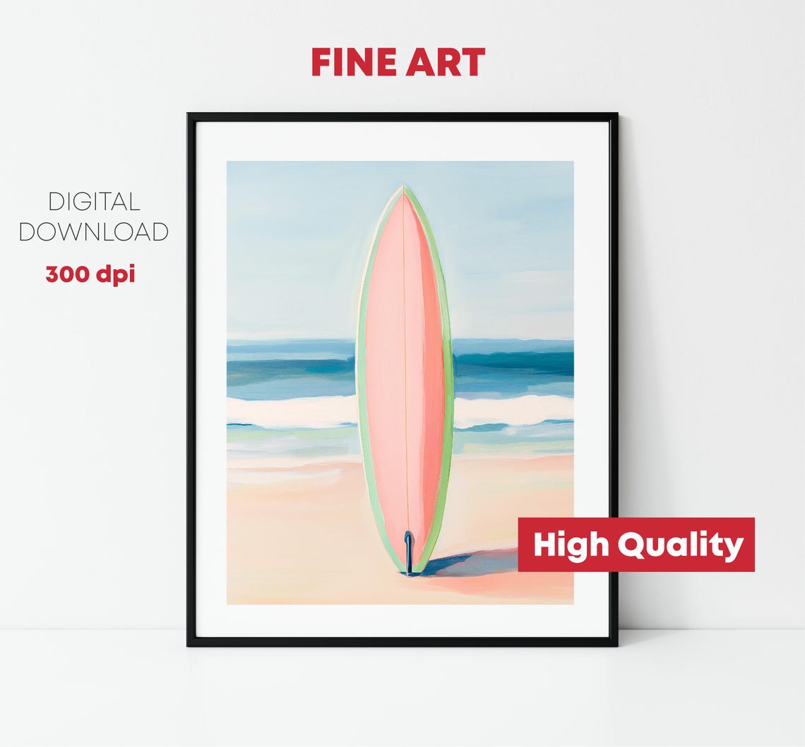 Pink Surfboard Sandy Beach Ocean Waves Retro Surf Summer Wall Art - Image 2