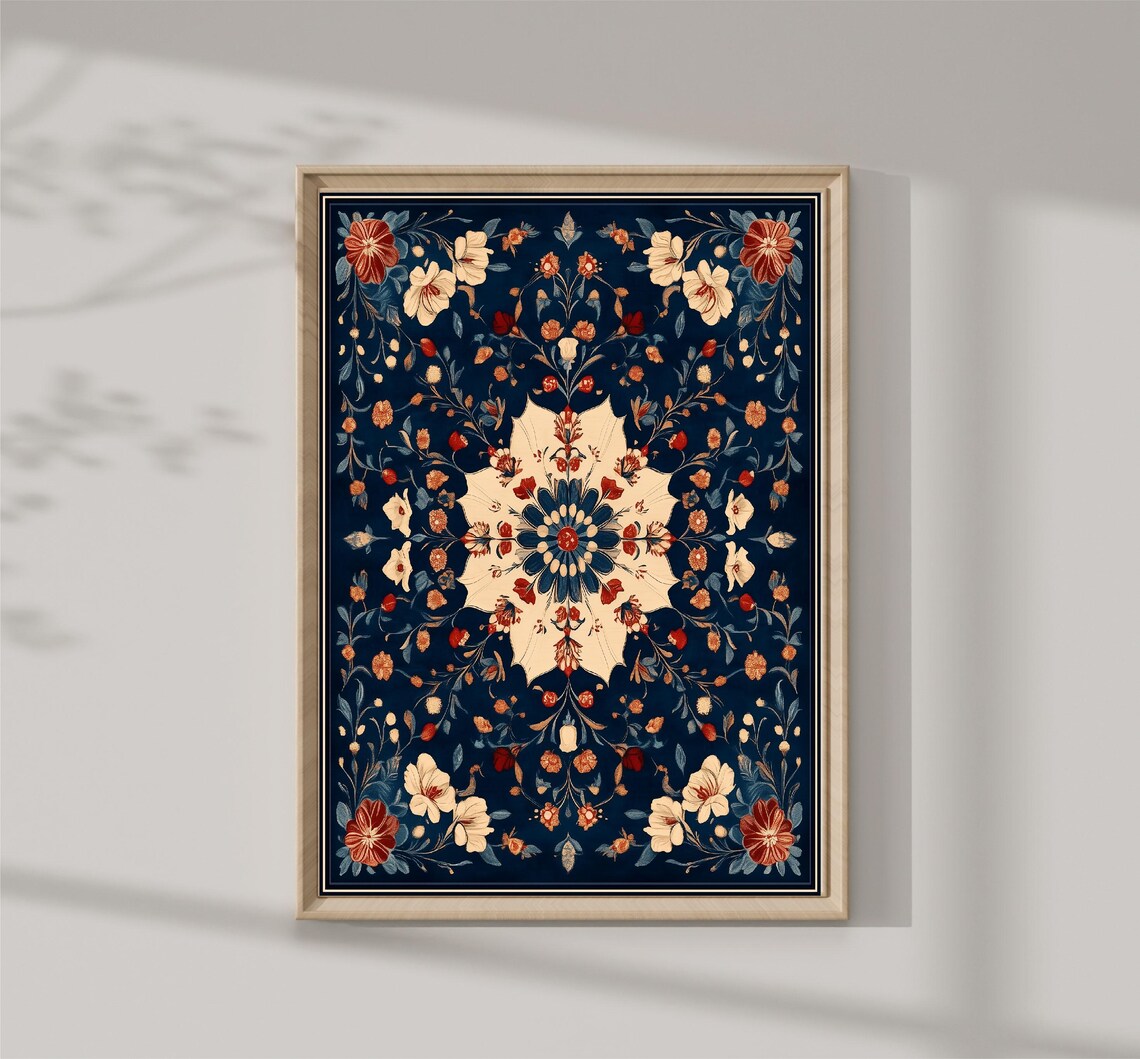 Antique Floral Medallion Tapestry Navy Red Vintage Textile Wall Art