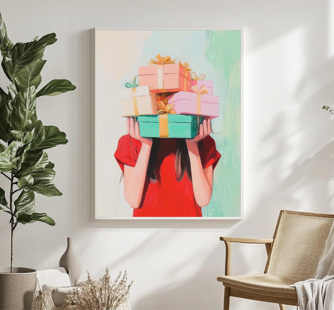 Picture Of Girl Holding Christmas Gifts Pink Christmas Print Art Childrens Christmas Vacation Decoration - Image 4