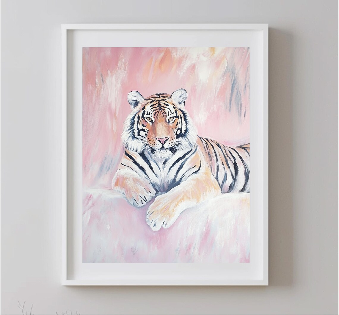 Pastel Tiger Lounging On Pink Background Soft Wildlife Art Poster - Image 4