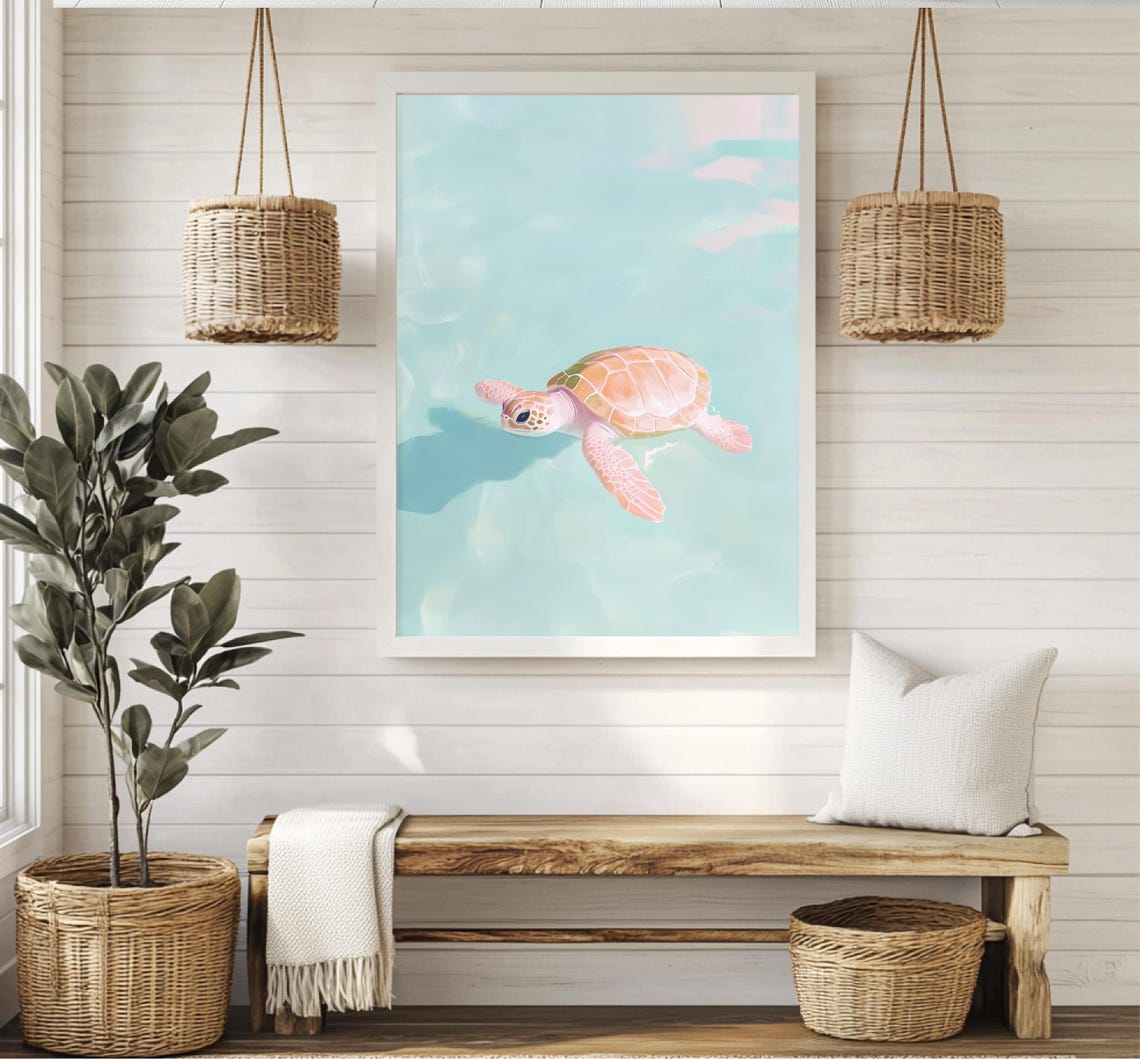Baby Sea Turtle Swimming In Turquoise Water Pastel Ocean Art Poster - Image 3