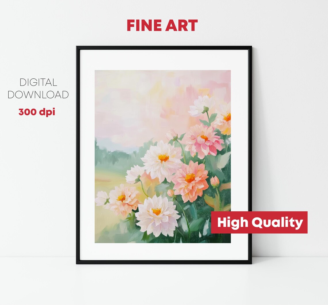 Pink White Dahlia Flowers Soft Pastel Romantic Floral Poster - Image 2