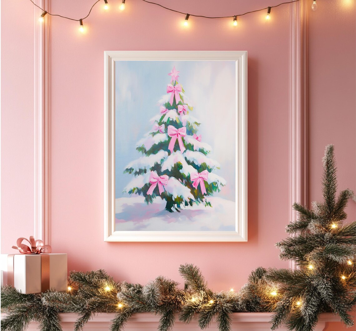 Snowy Christmas Tree Pink Bows Winter Holiday Elegance Art Poster - Image 4