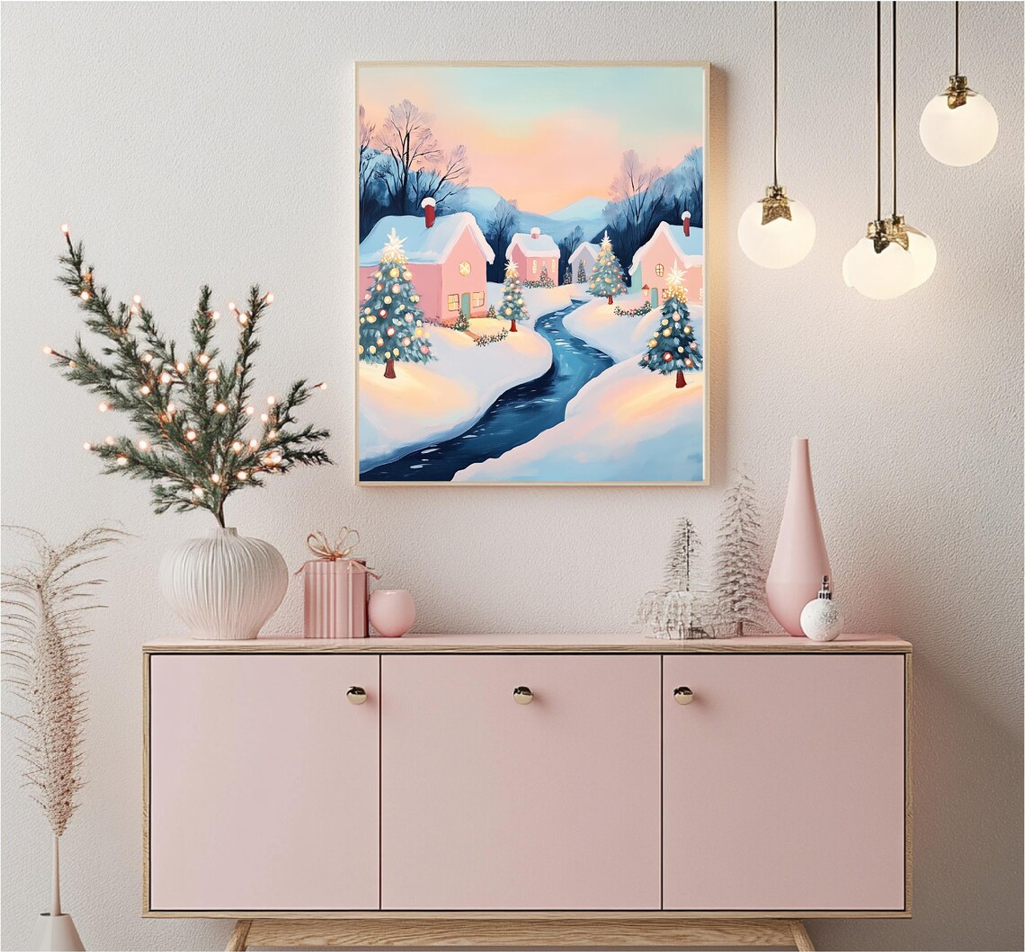 Pink Snowy Christmas Village Cottages River Holiday Scene Poster - Image 5