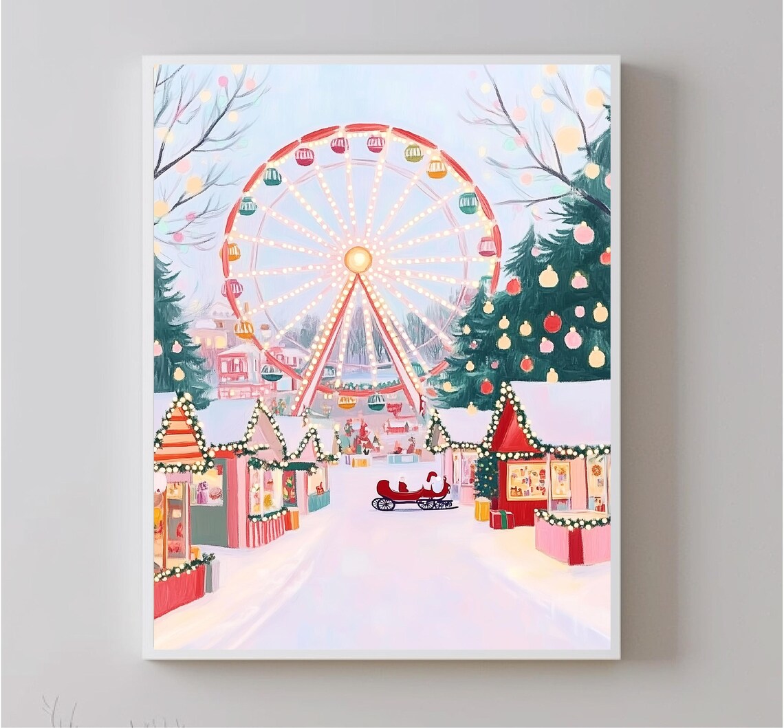 Snowy Amusement Park Christmas Scene Art Print