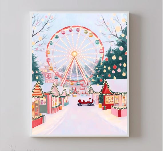 Snowy Amusement Park Christmas Scene Art Print