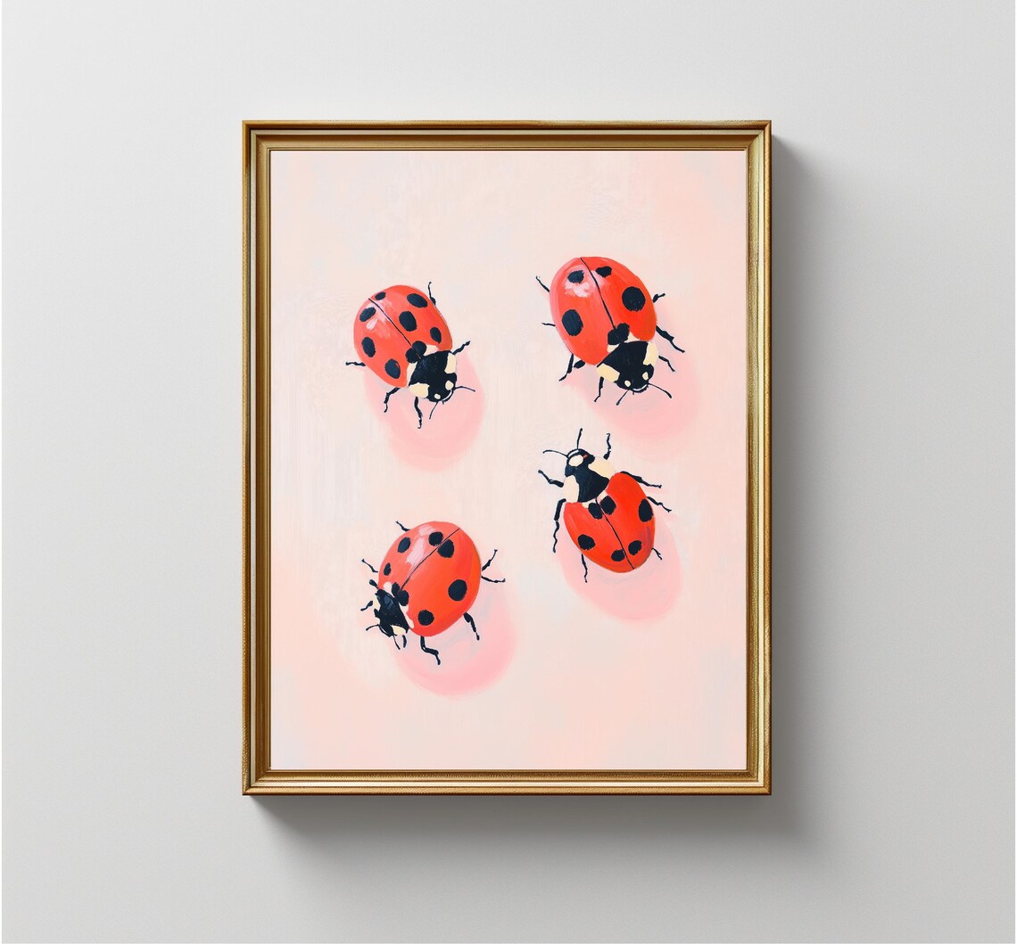 Red Ladybugs Pink Background Cute Insect Playful Nursery Art Print - Image 4