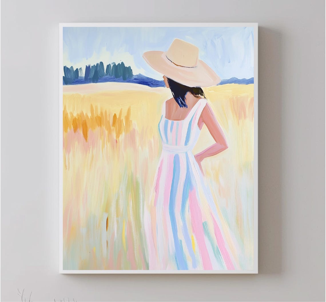 Painting Of Woman With Striped Dress Art To Print Pink International Womens Day Feminist Decoration