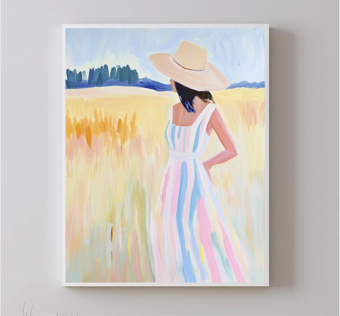 Woman Sun Hat Back View Golden Wheat Field Wanderlust Art Poster