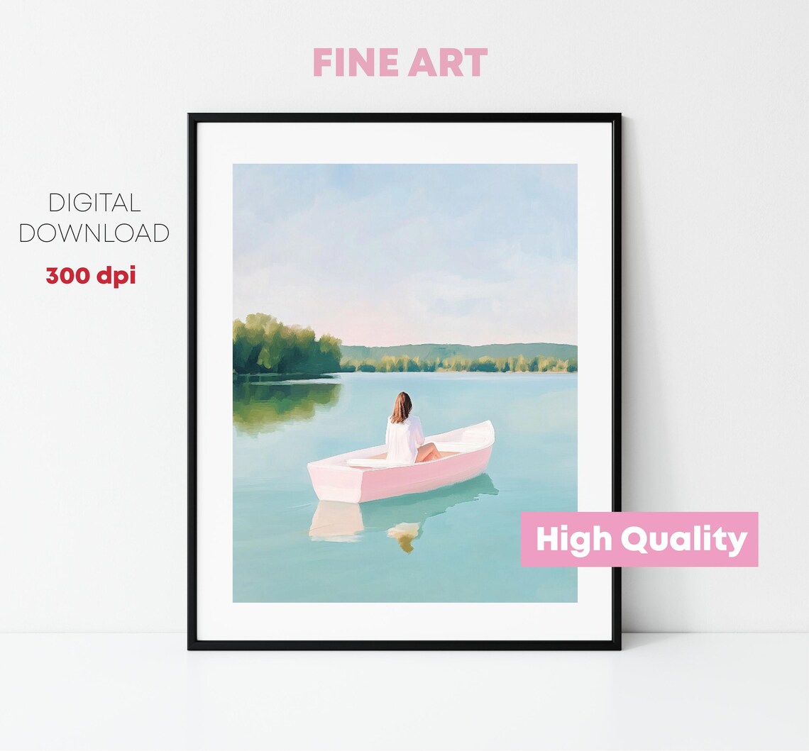 Woman In Pink Boat On Calm Lake Summer Pastel Painting Art Poster - Image 3
