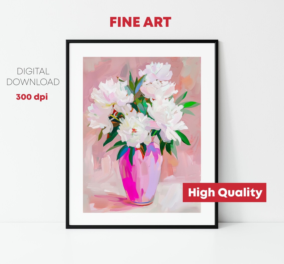 White Peony Bouquet Pink Vase Abstract Floral Still Life Art Print - Image 3