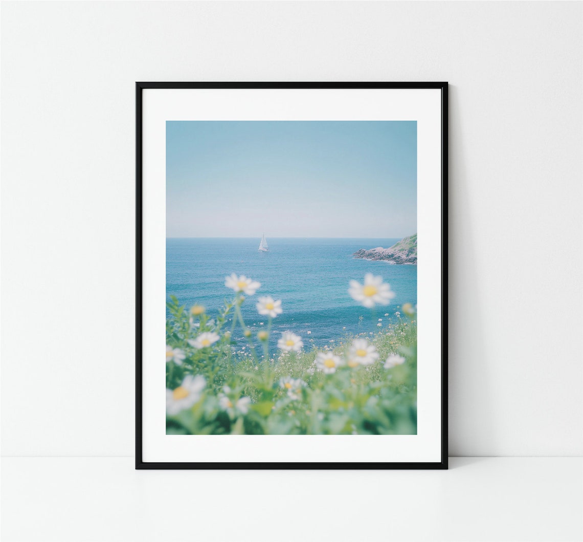 Sailboat On Blue Ocean Daisy Foreground Coastal Photography Poster - Image 3