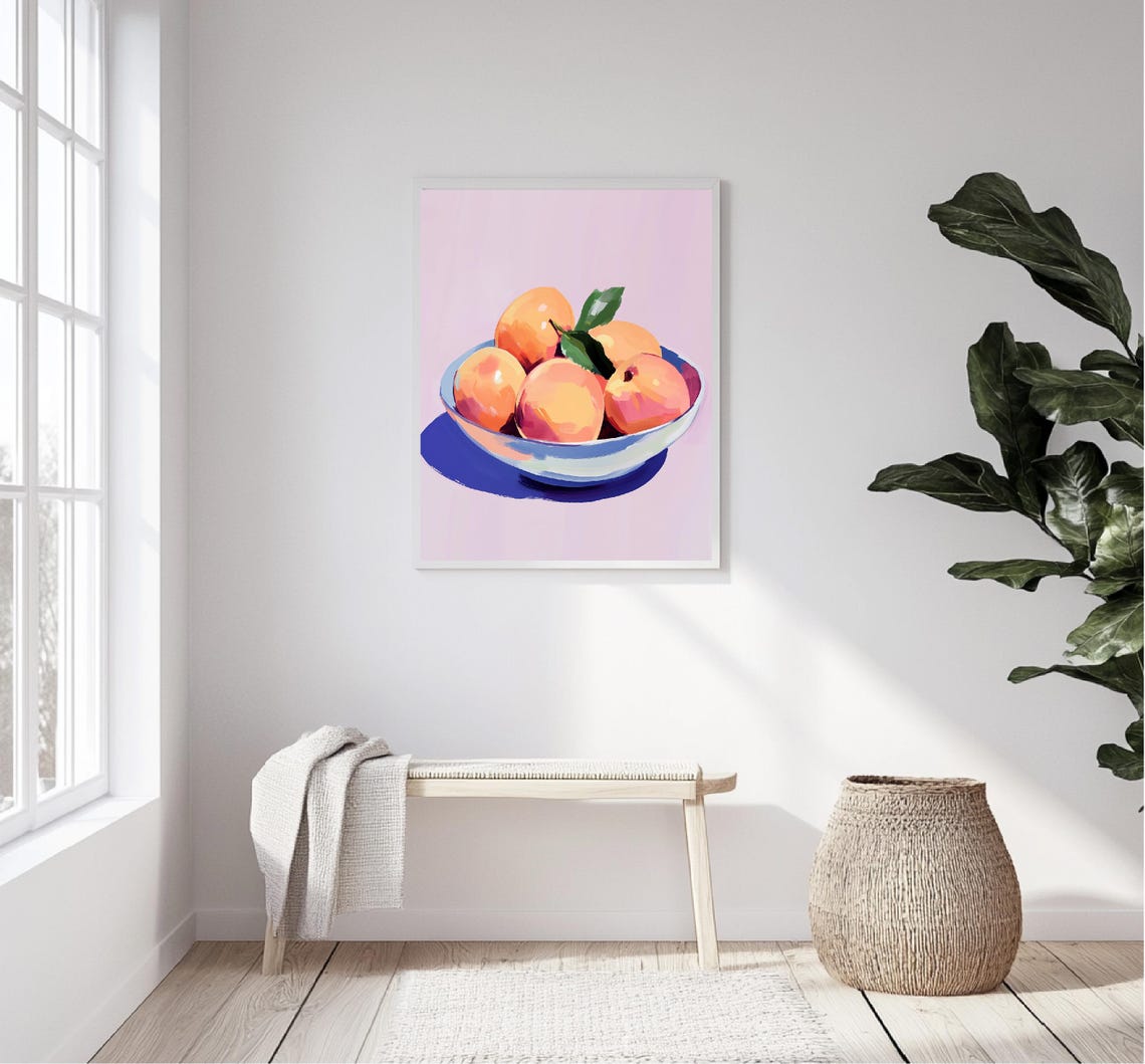 Peach Bowl Pink Background Still Life Sweet Fruit Kitchen Wall Art - Image 5