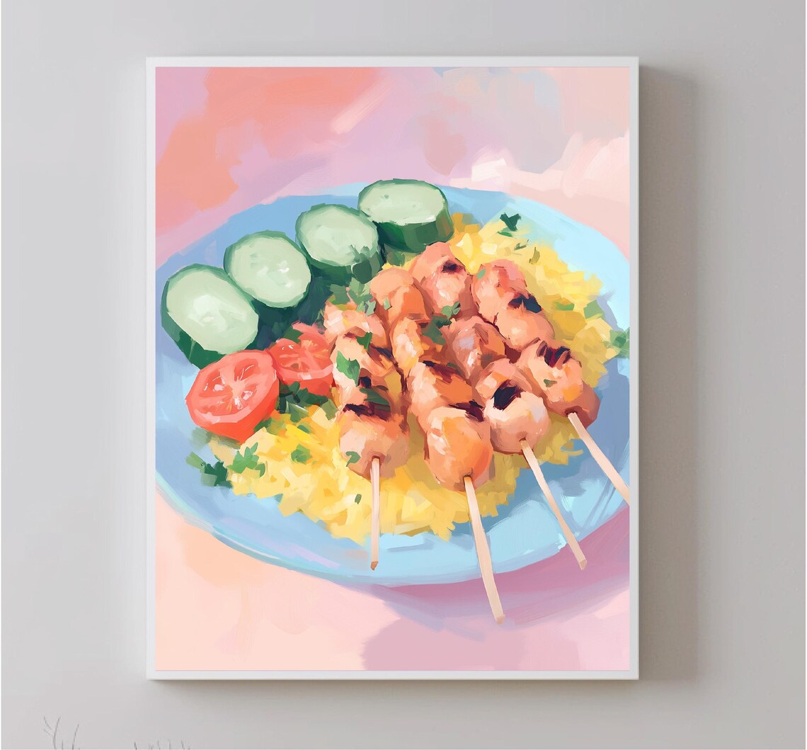 Grilled Chicken Skewers Plate Painting Pink Background Kitchen Poster
