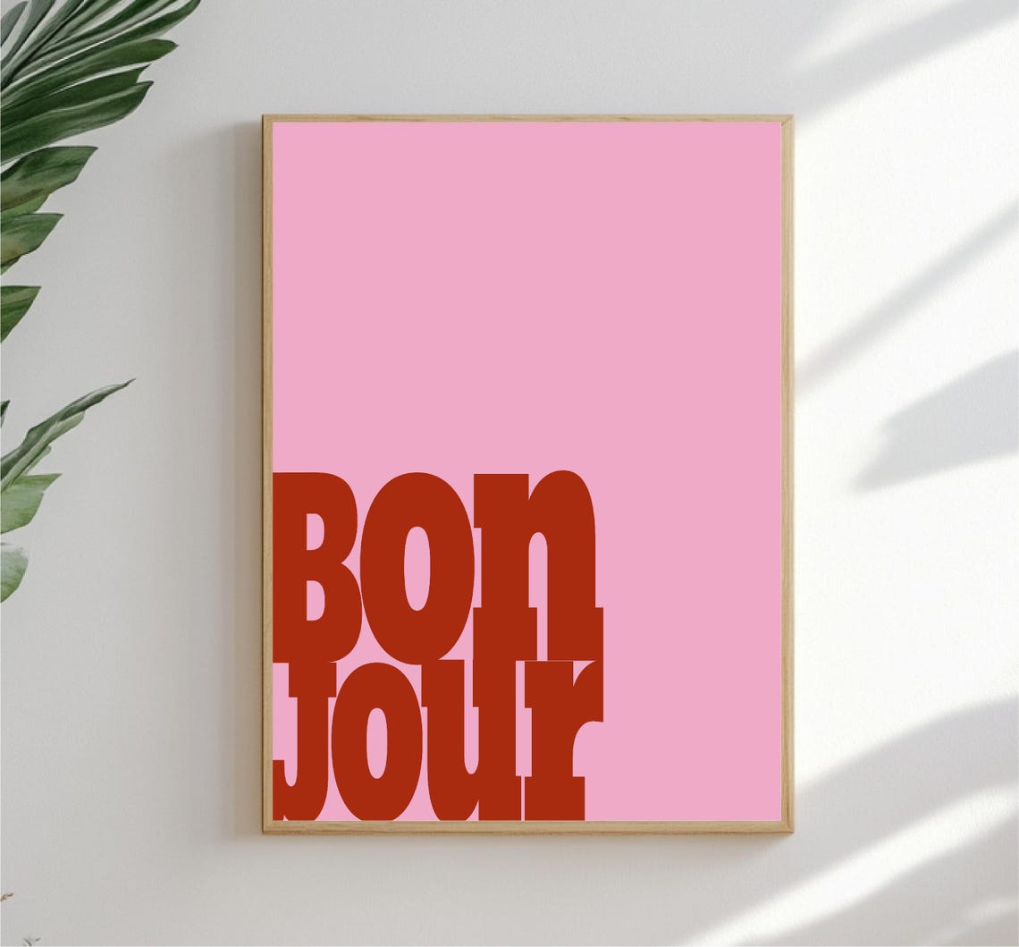 Bon Jour Bold Red Typography Pink Background French Wall Art - Image 2