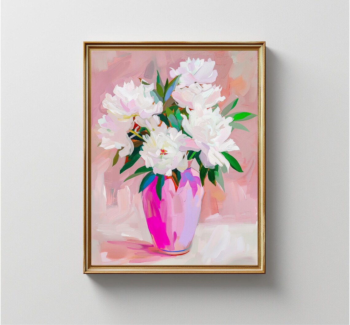 White Peony Bouquet Pink Vase Abstract Floral Still Life Art Print - Image 4