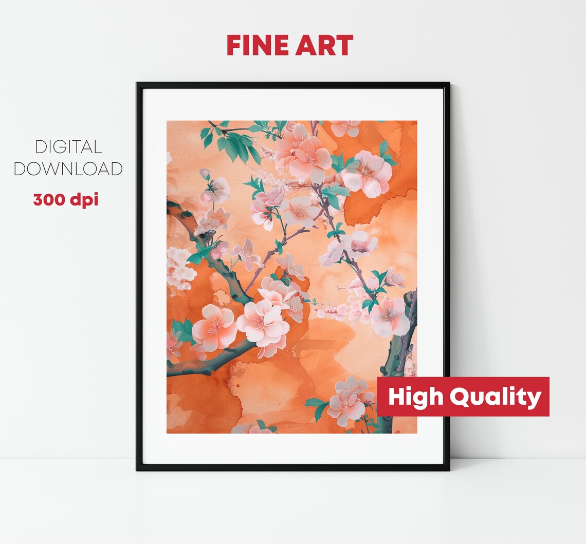 Cherry Blossom Branches Orange Watercolor Japanese Floral Poster - Image 2