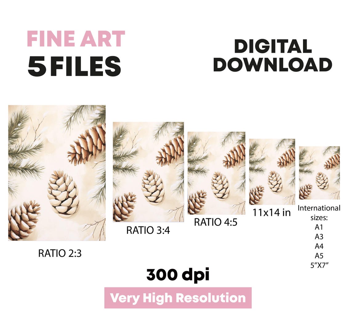 Elegant Pinecones Snowy Branches Neutral Christmas Botanical Print - Image 4