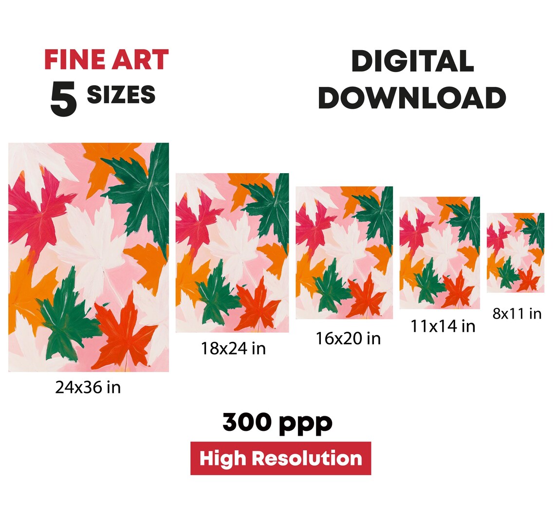 Fall Maple Leaves On Pink Background Orange Red Green Autumn Art Print - Image 4