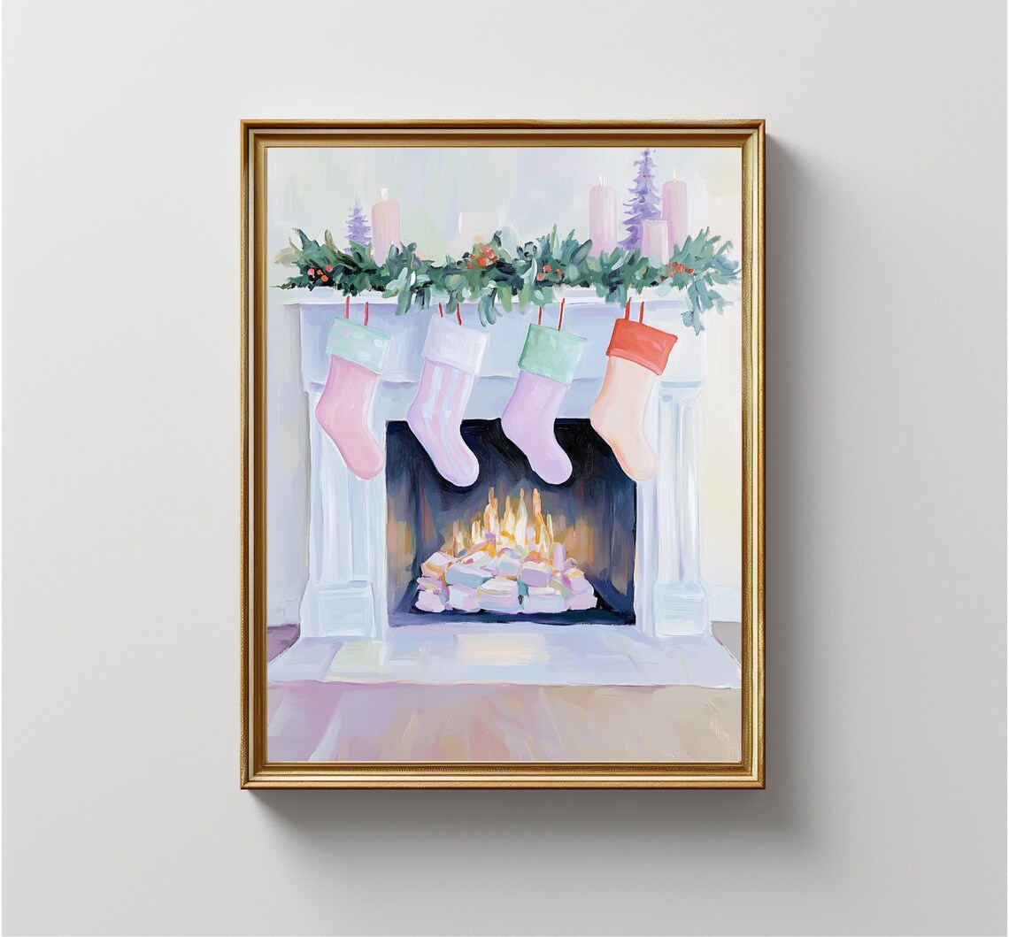 White Fireplace Pastel Stockings Garland Cozy Christmas Mantel Poster - Image 4