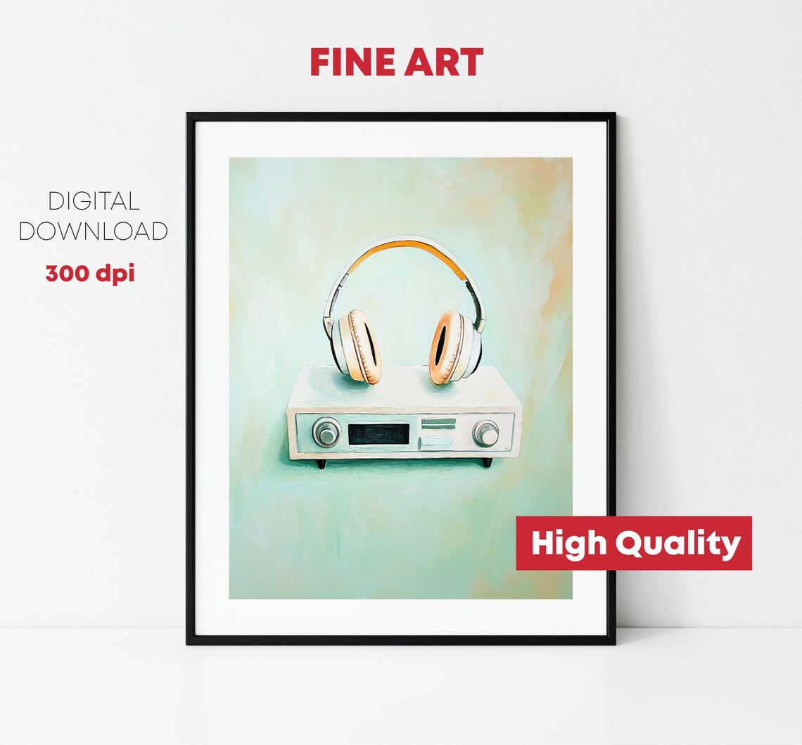Vintage Headphones Resting On Retro Stereo Receiver Pastel Music Poster - Image 2