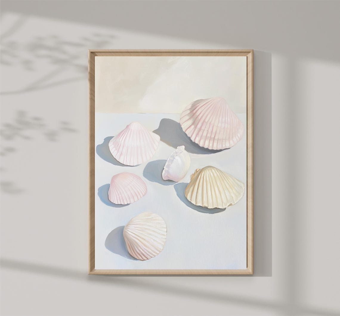 Blush Pink Scallop Shells Sunlit White Table Coastal Beach Print