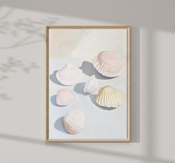 Blush Pink Scallop Shells Sunlit White Table Coastal Beach Print