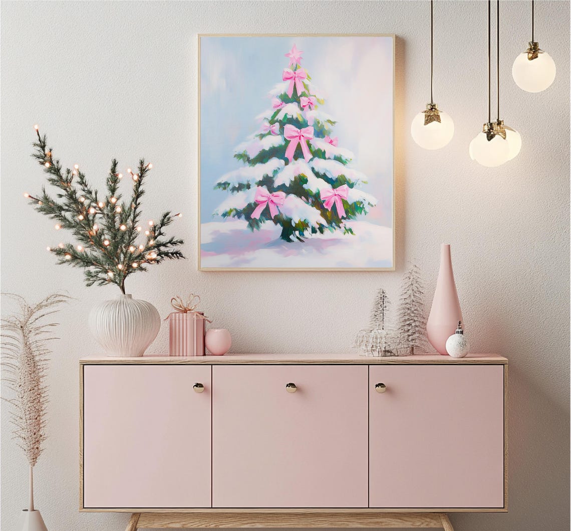Snowy Christmas Tree Pink Bows Winter Holiday Elegance Art Poster - Image 5