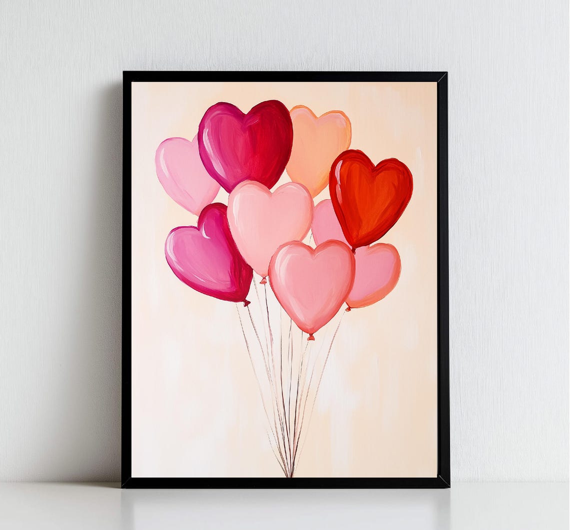 Heart Shaped Balloons Bunch Pink Red Valentine Love Wall Art - Image 2