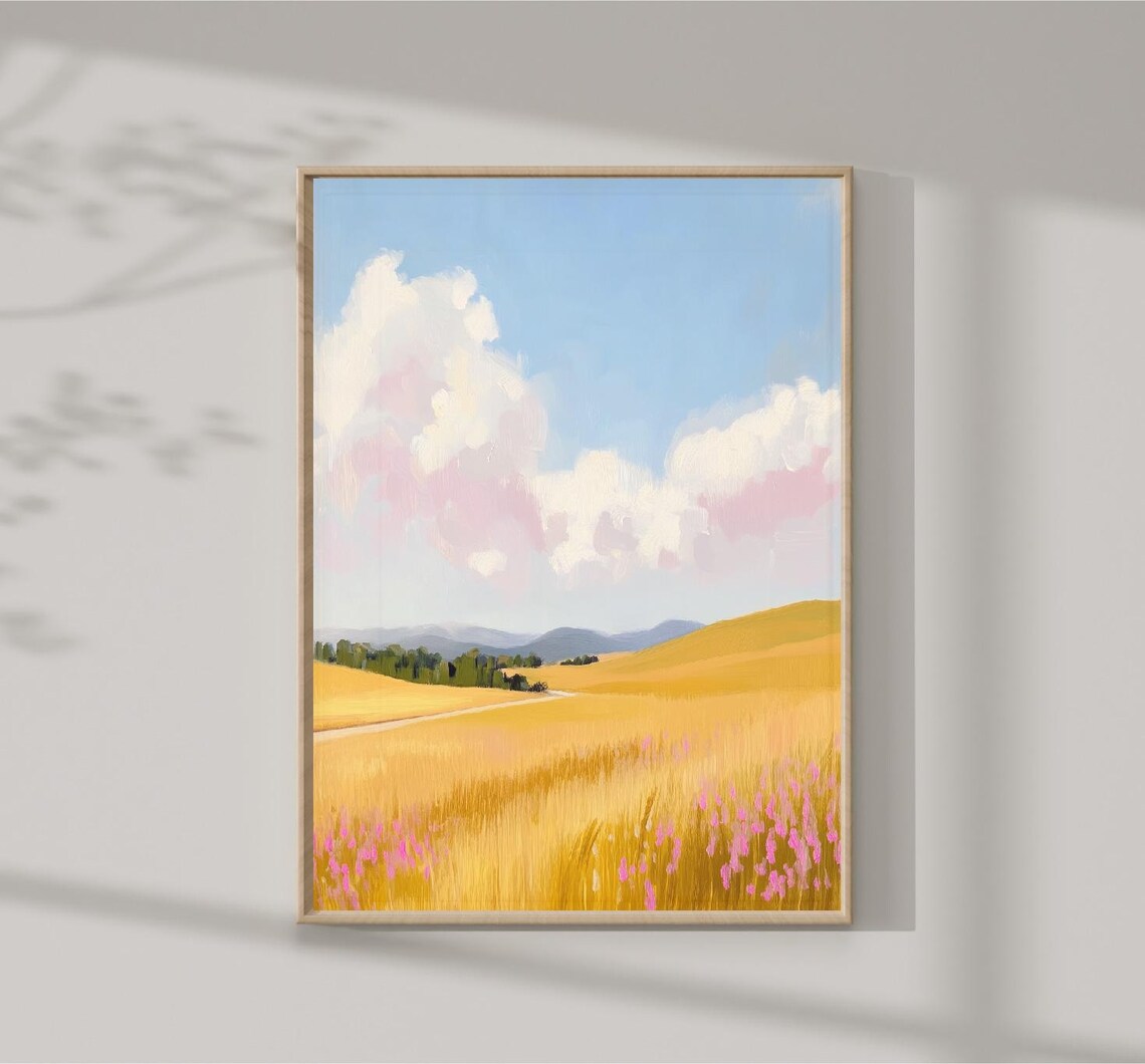 Golden Wheat Field Pink Wildflowers Clouds Countryside Landscape Print