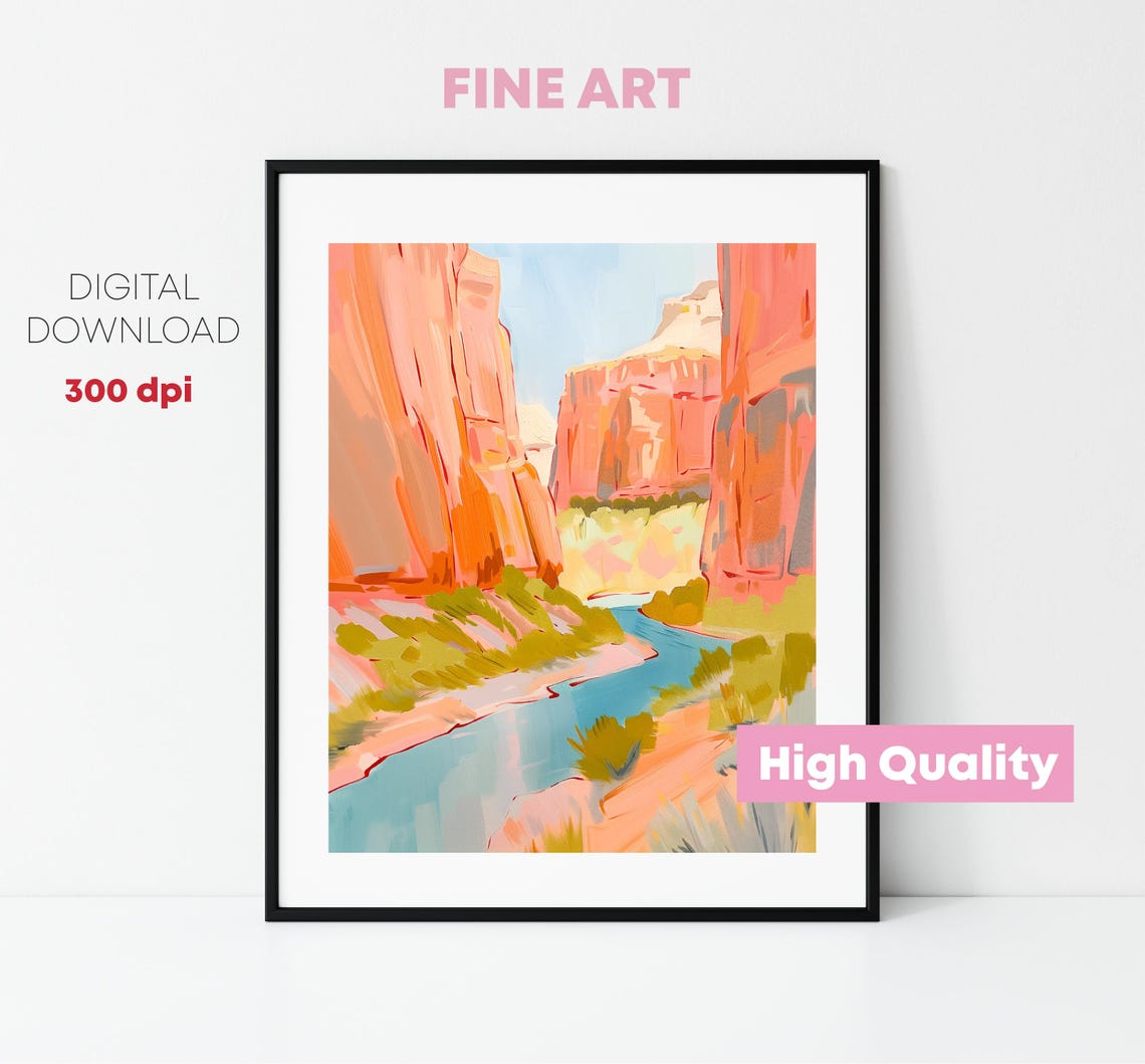 Pastel Canyon Cliffs With Blue River Desert Landscape Art Poster - Image 3