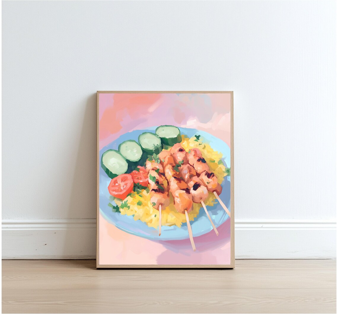 Grilled Chicken Skewers Plate Painting Pink Background Kitchen Poster - Image 4