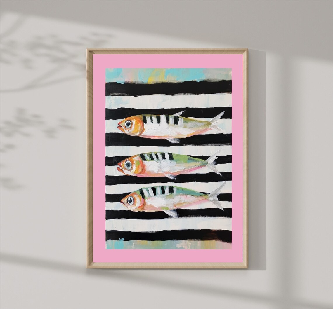 Painted Striped Sardines Trio Pink Border Coastal Kitchen Print - Image 2