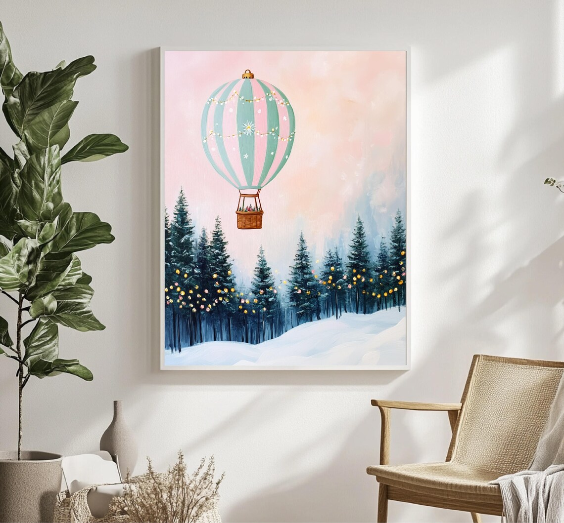 Pastel Hot Air Balloon Over Snowy Forest Pink Sky Holiday Poster - Image 5
