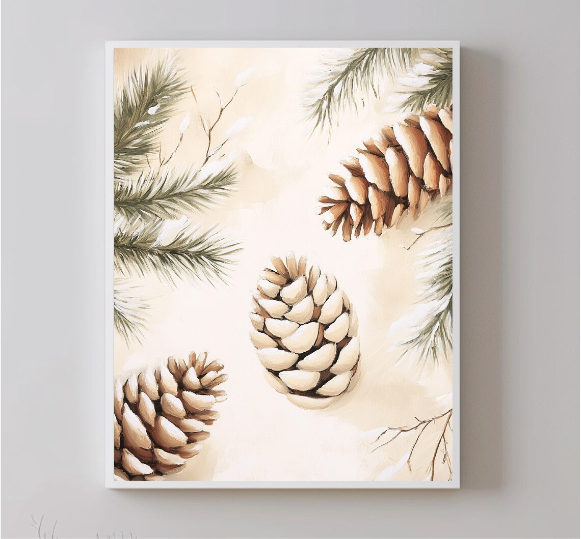Elegant Pinecones Snowy Branches Neutral Christmas Botanical Print